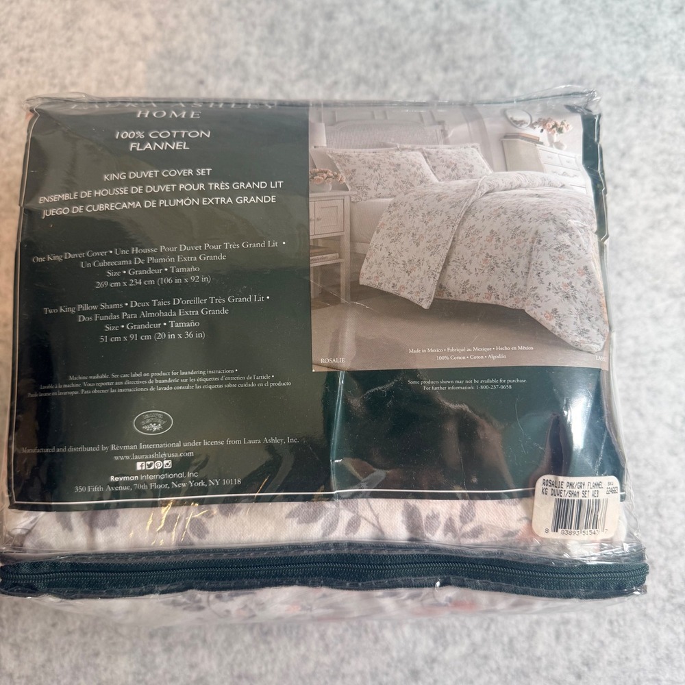 Laura Ashley Rosalie Duvet Cover Set King Pink Grey Floral Cotton Flannel NWT